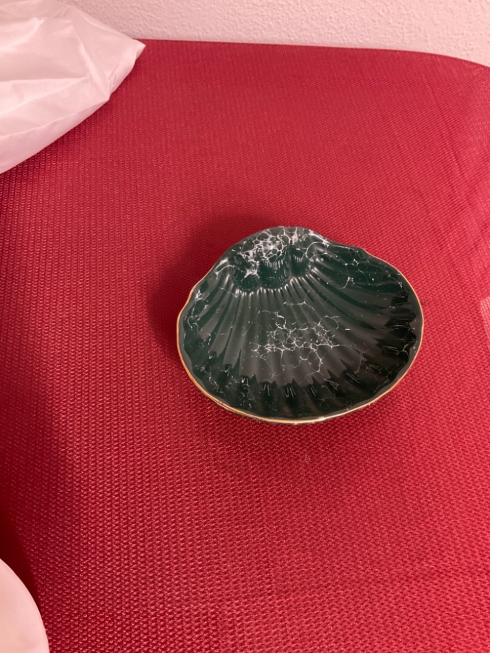 Vintage Springs Shell Soap dish Marble Dark Forest Green Gold border Ceramic